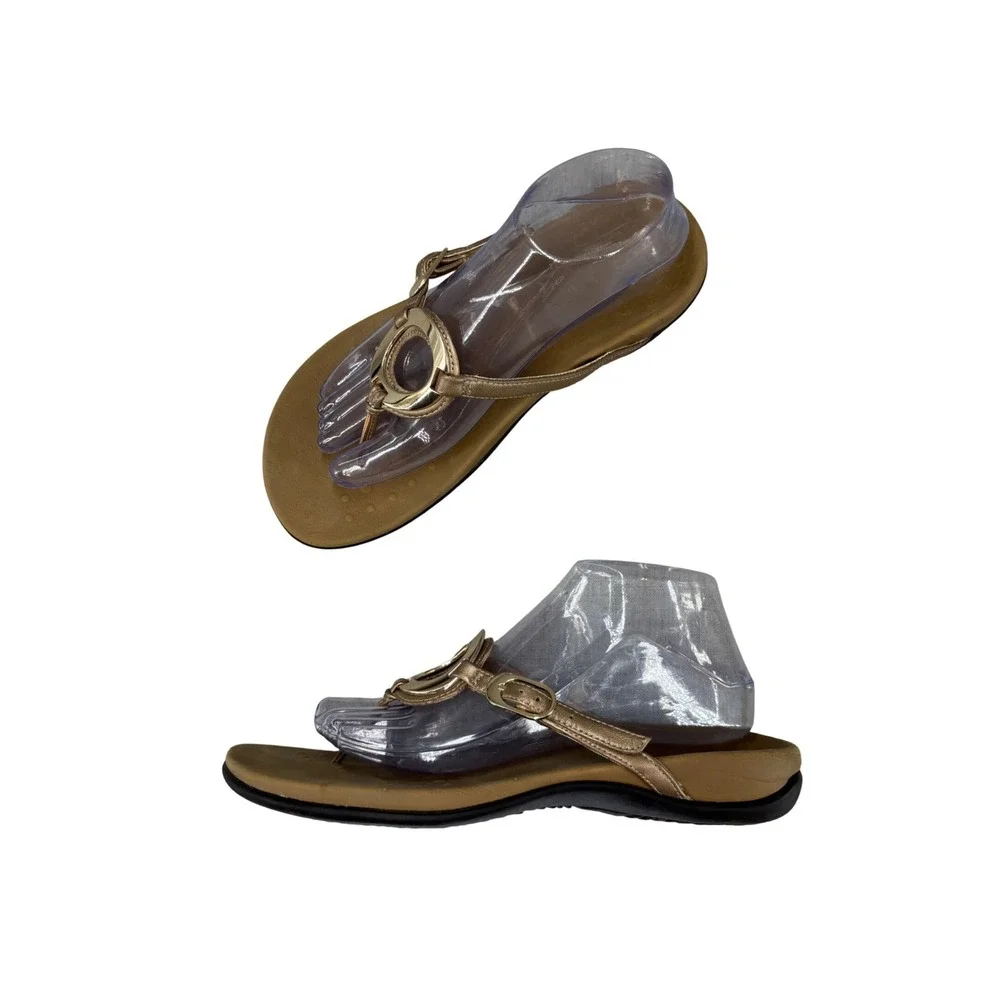 Vionic Karina Thong Sandals Gold Metallic Ring‎ Flip Flops Slides Women's 9 WIDE